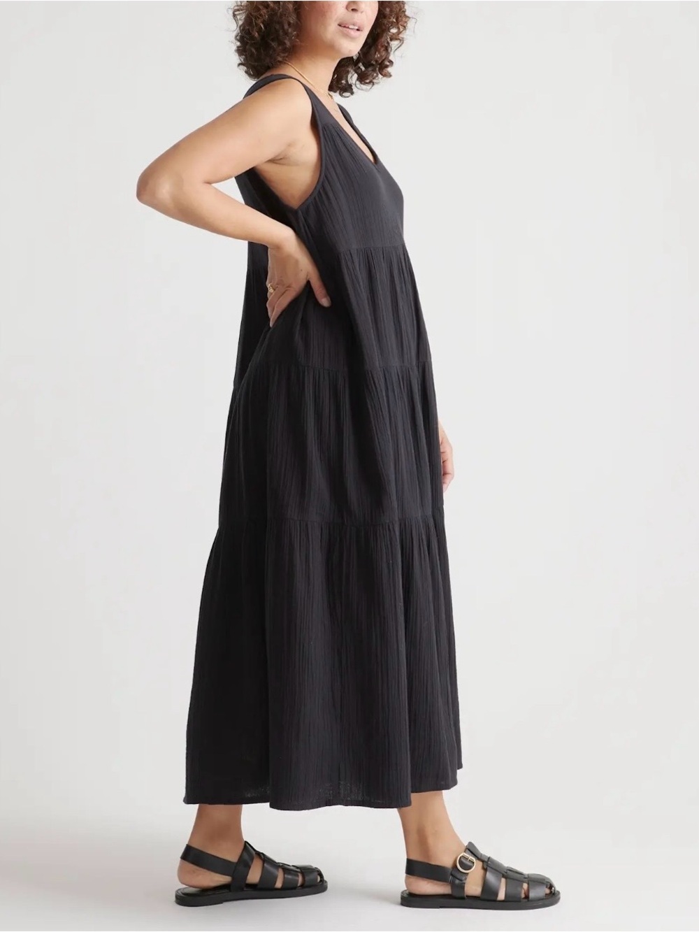 Quince Organic Cotton Gauze Tiered Maxi Dress Black Minimalist Sustainability XL